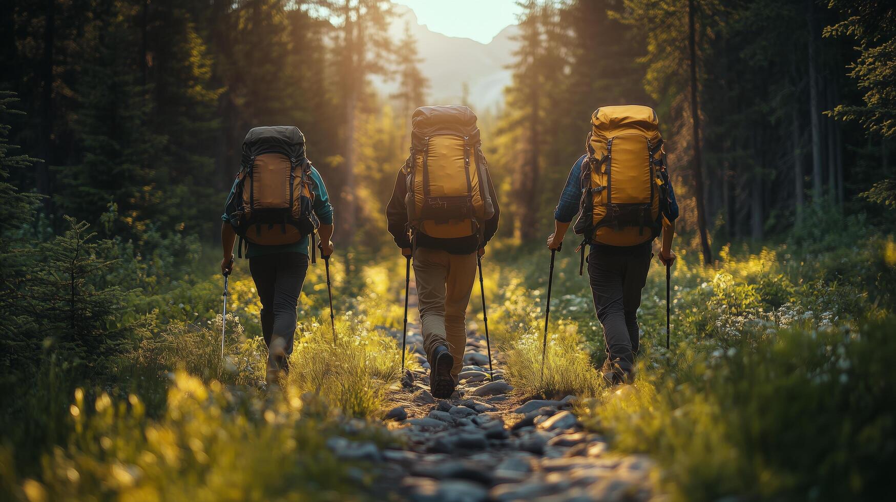Hikers journey through a sunlit forest trail in the mountains during late afternoon. photo