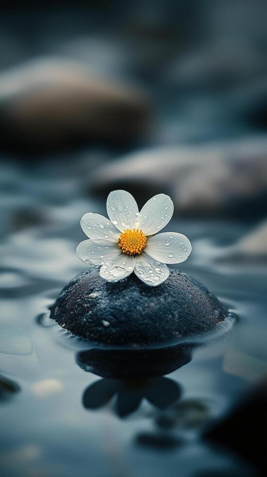 Beautiful white flower with droplets resting on a smooth black stone in calm water. photo