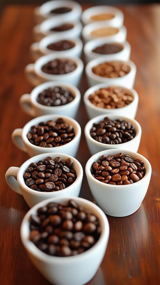 Coffee beans displayed in various roasts on wooden table at tasting event in bright light. photo