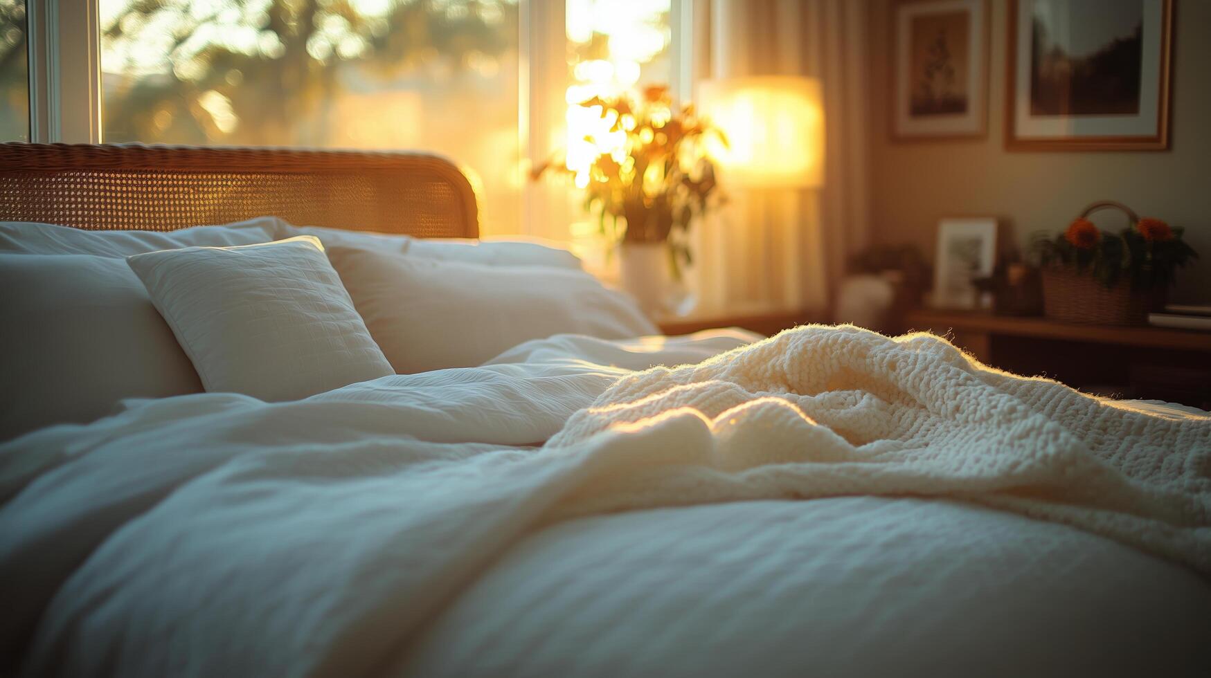 Cozy bedroom with soft bedding and warm sunlight filtering through the window in the early morning. photo