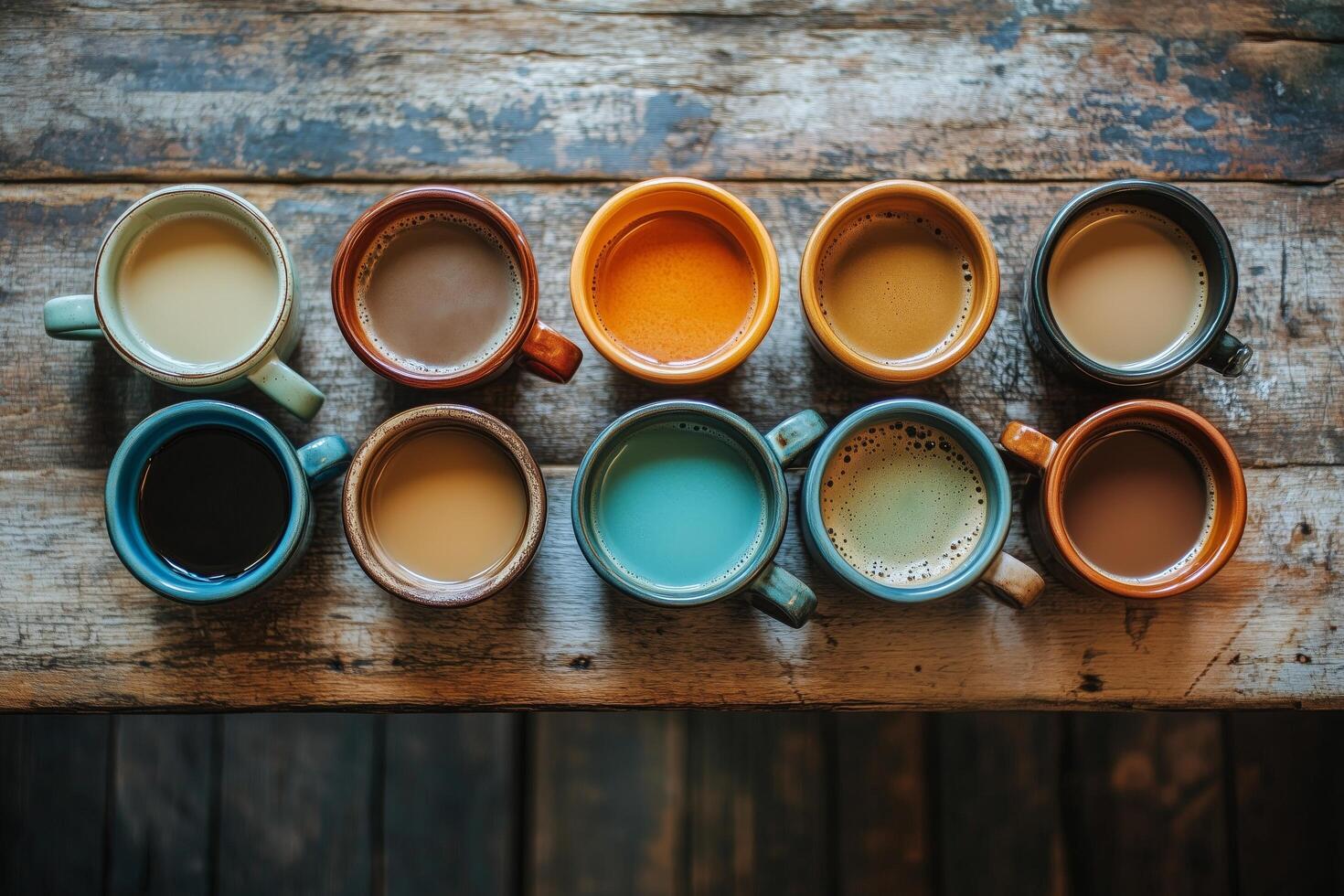 Brightly colored mugs filled with various beverages arranged on a rustic wooden table. photo