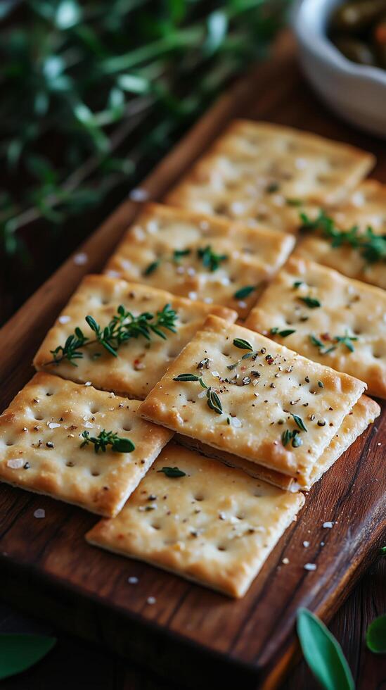 Savory herb-infused crackers arranged on a wooden board with fresh herbs in a cozy kitchen setting. photo