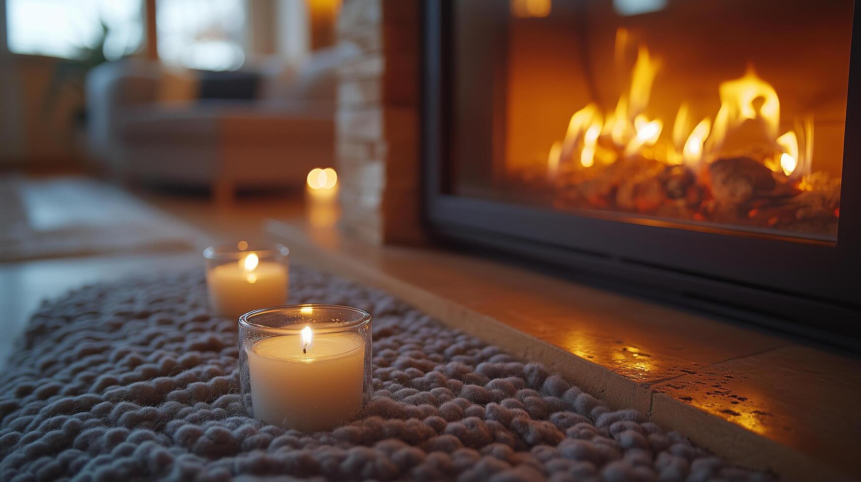 Cozy living room with flickering candles and warm fireplace glow during evening hours. photo