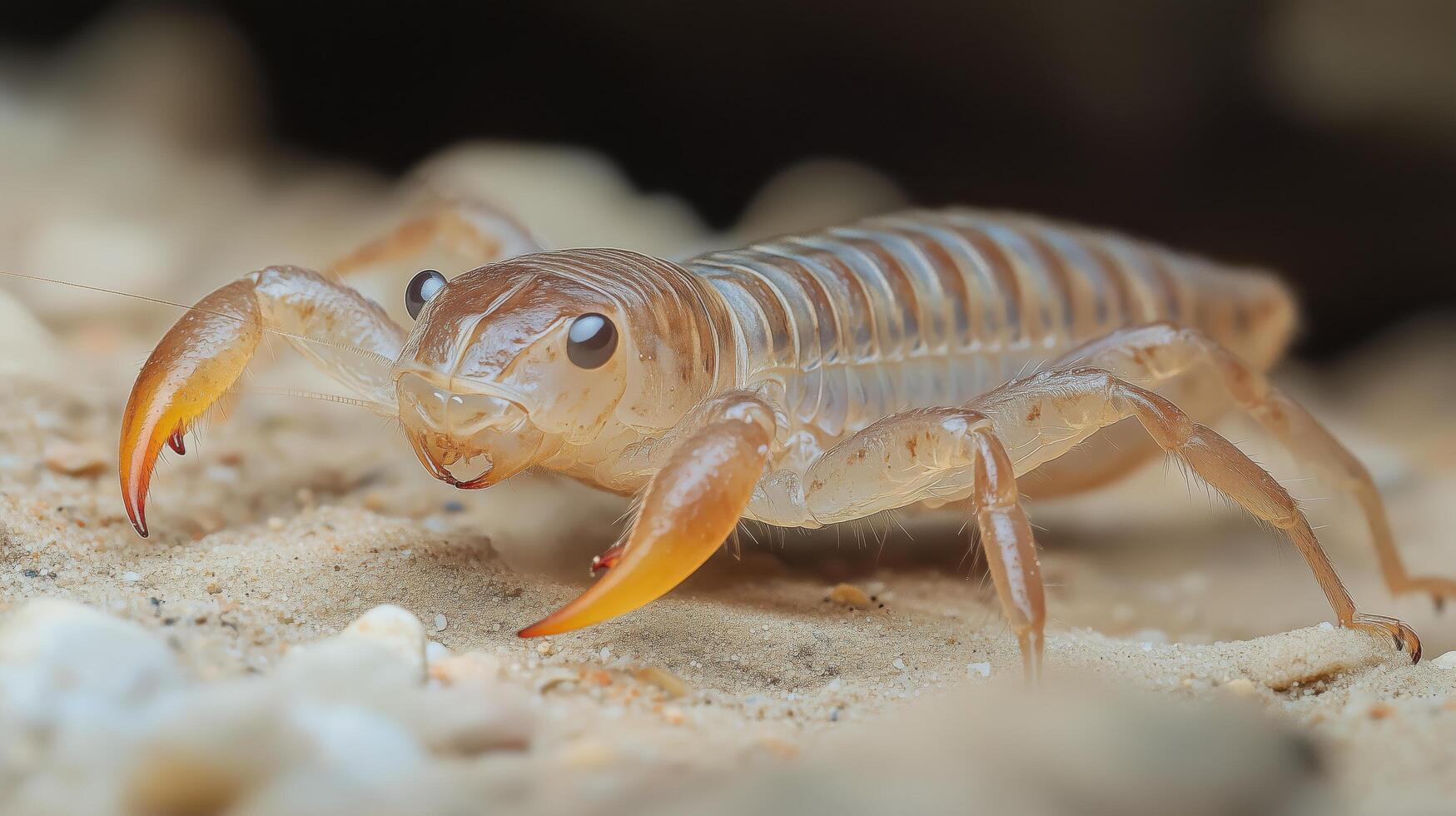 Close-up view of a unique scorpion species on sandy terrain at dusk in a desert environment. photo