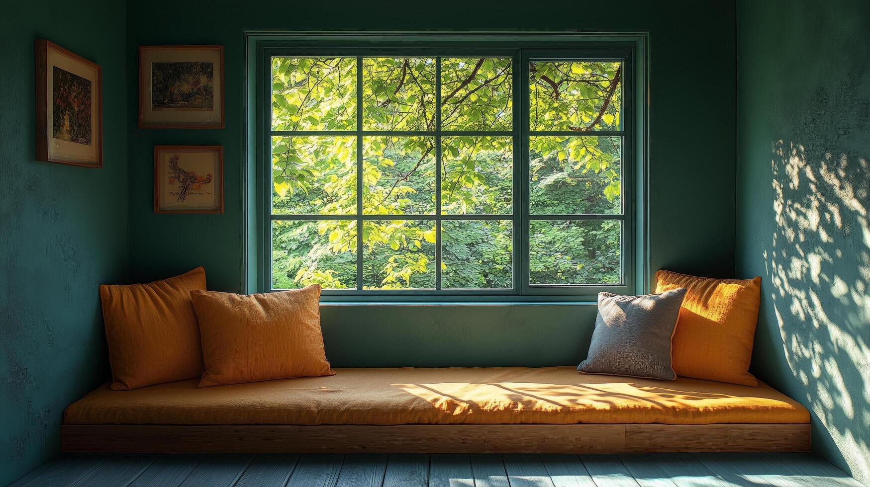 Cozy reading nook with bright window and leafy view in a serene indoor space. photo