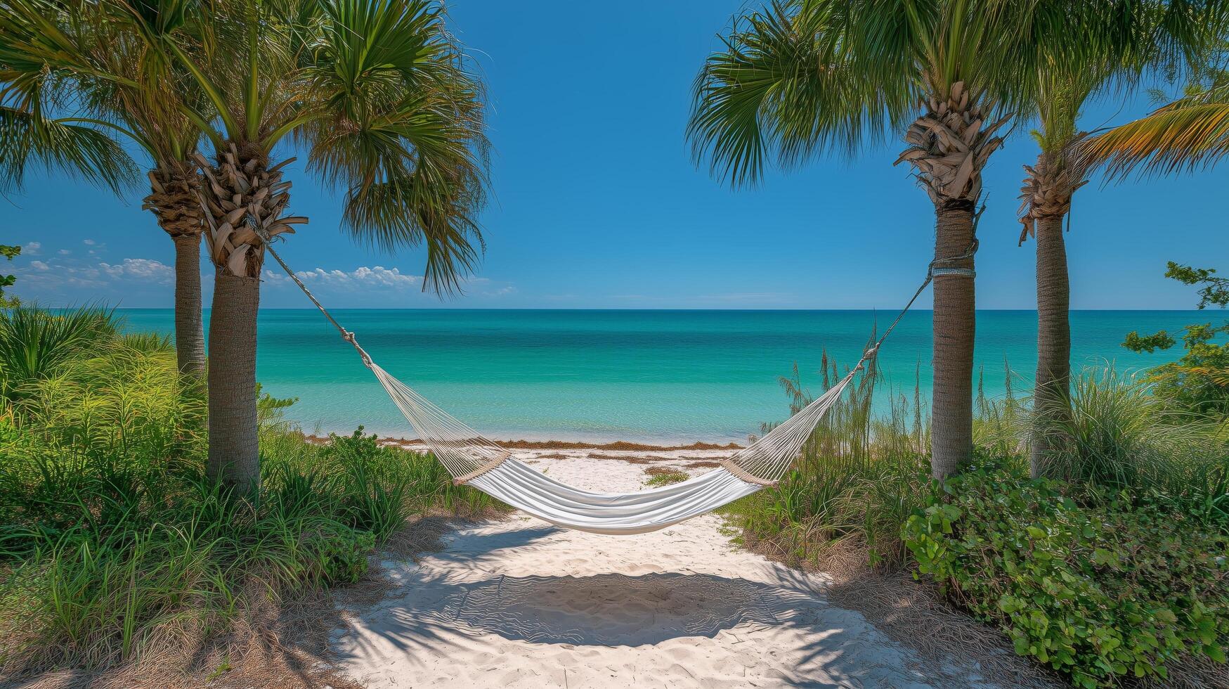 Relaxing hammock between palm trees on a tropical beach with clear blue water and sunny sky. photo