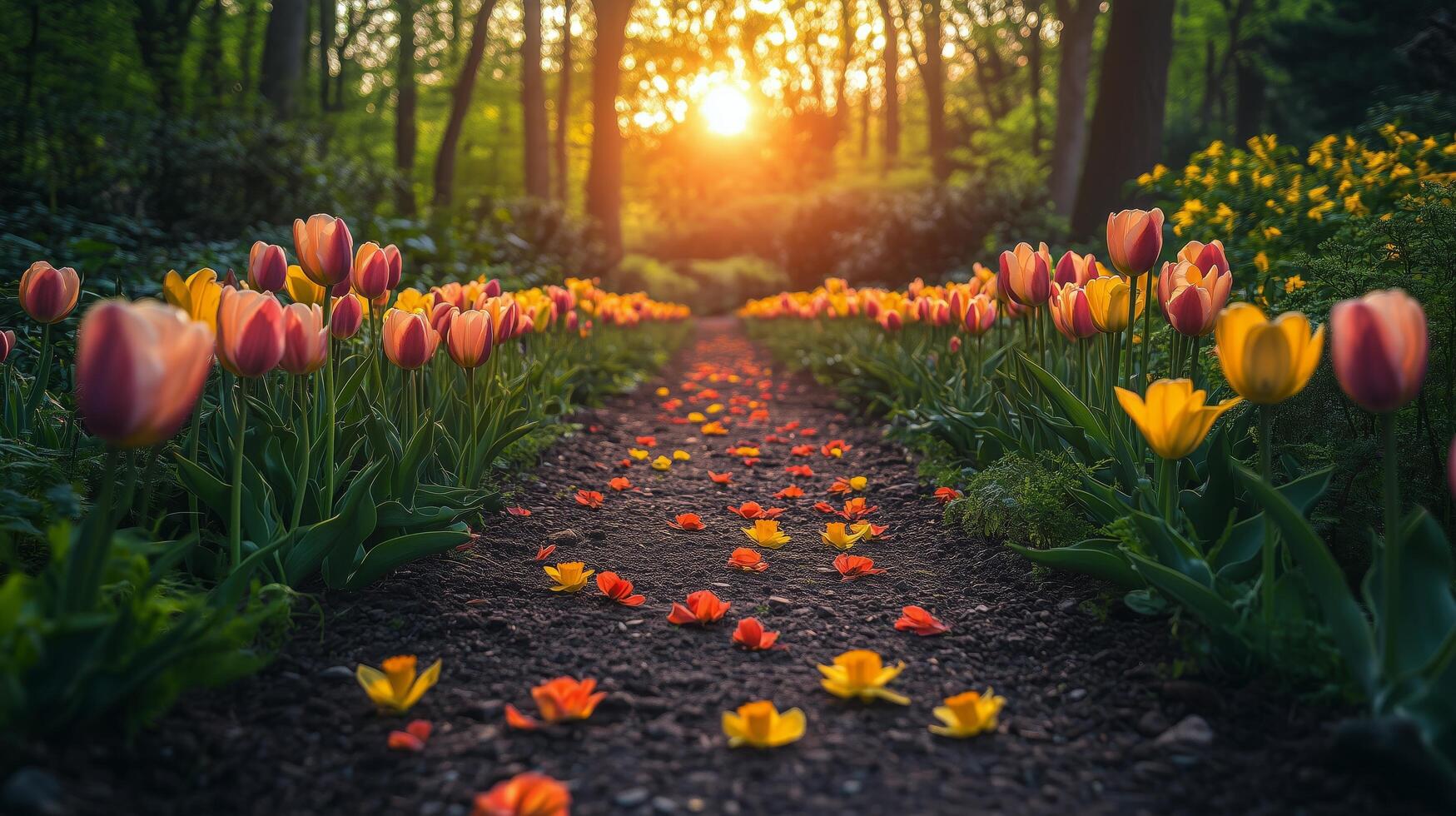 Vibrant garden pathway lined with blooming tulips and fallen petals at sunset. photo