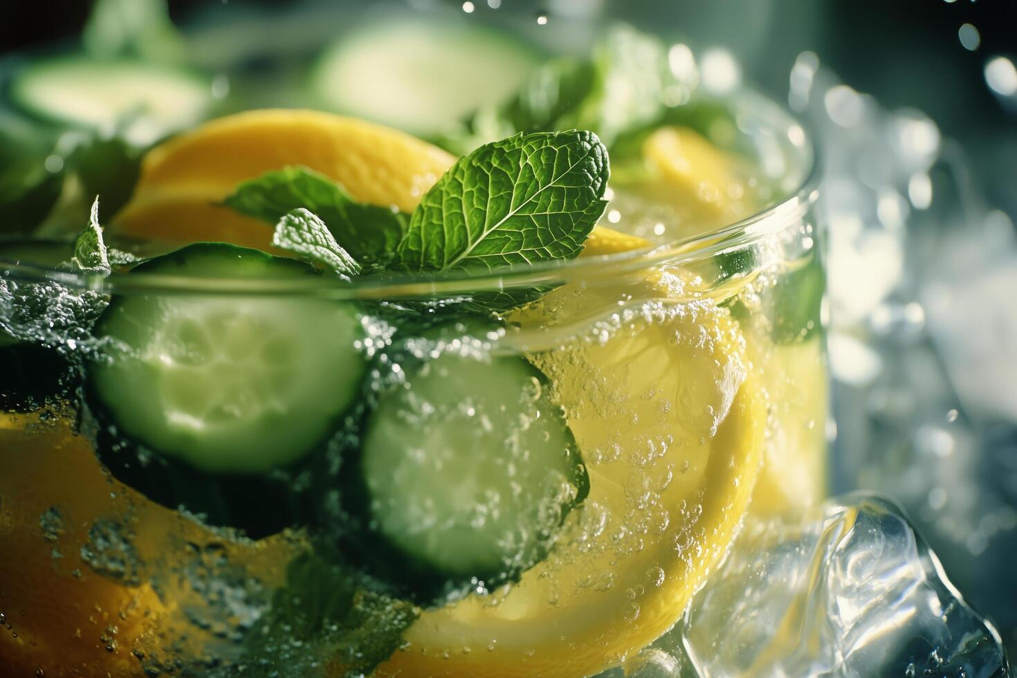 Refreshing drink with lemon and cucumber garnished with mint in a clear glass bowl. photo