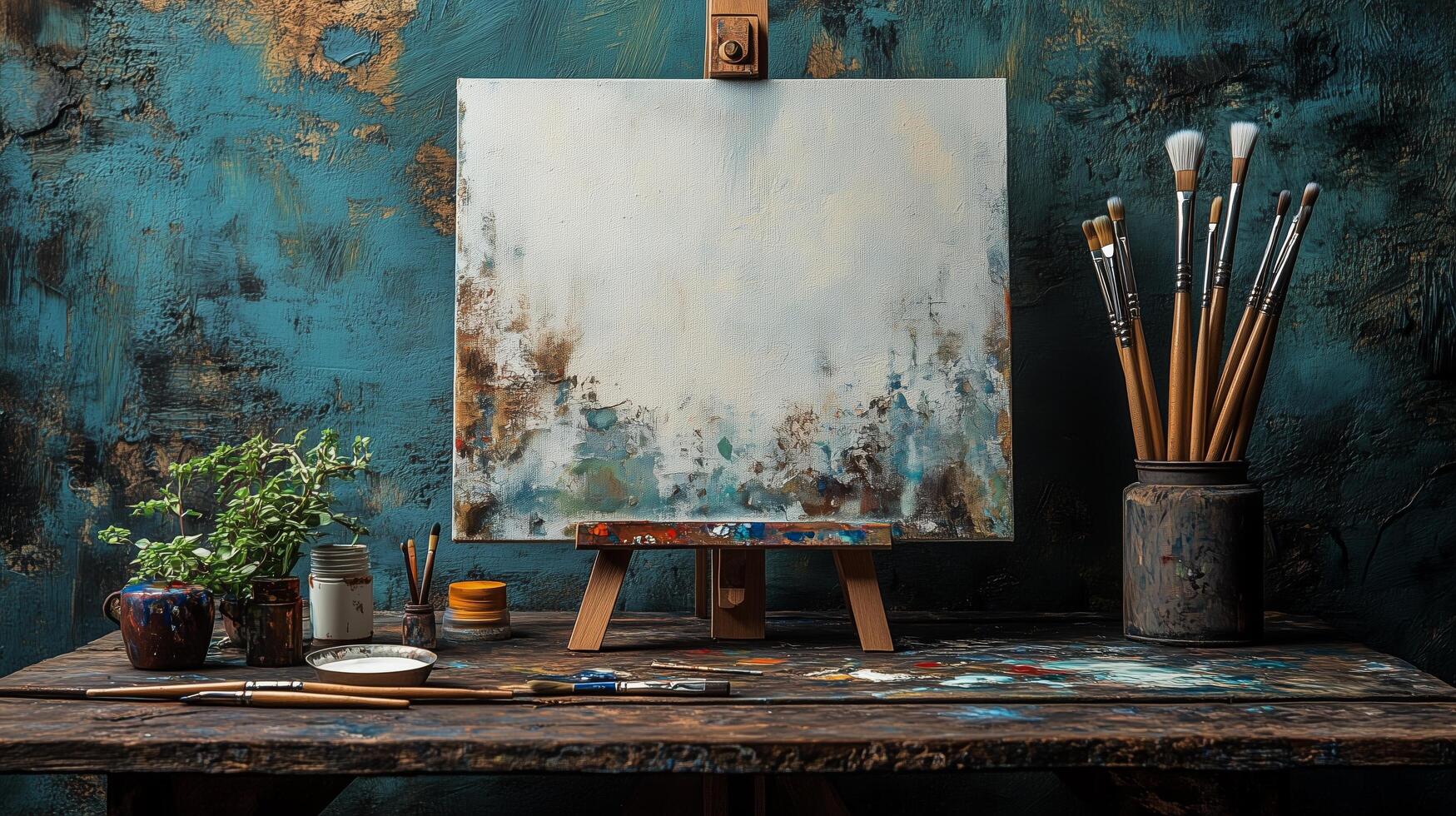 Creative workspace with paint brushes and blank canvas in a vibrant studio setting. photo