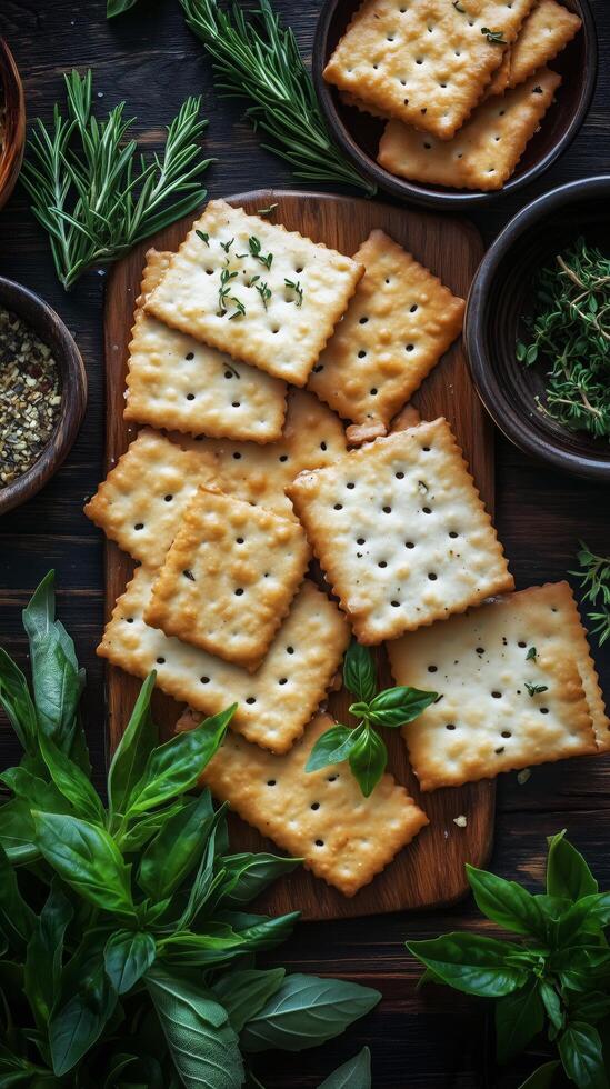 Fresh herbs and crispy crackers arranged on a wooden board with vibrant green leaves surrounding them. photo