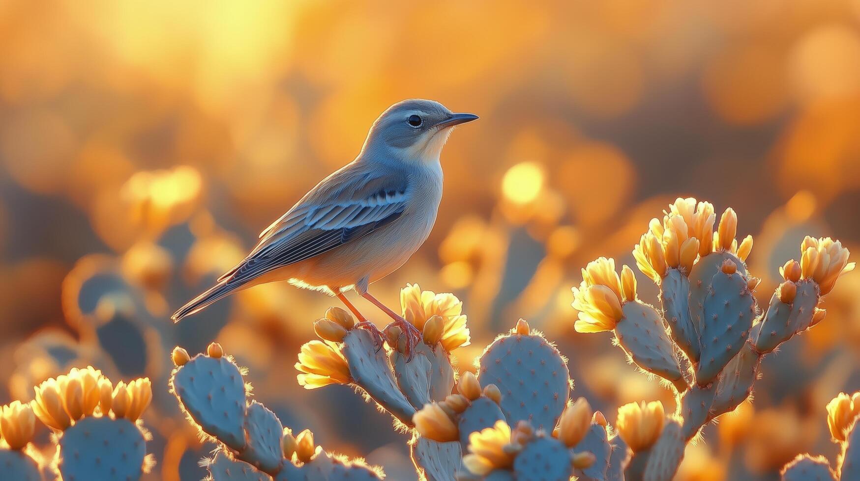Bird perched on cactus flowers during golden hour in a desert landscape. photo
