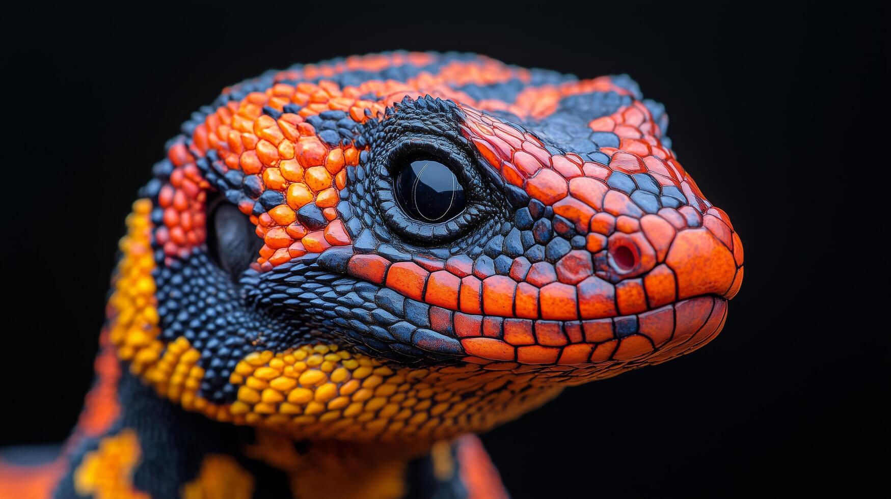 Vibrant close-up of a colorful lizard showcasing intricate scales in detail. photo
