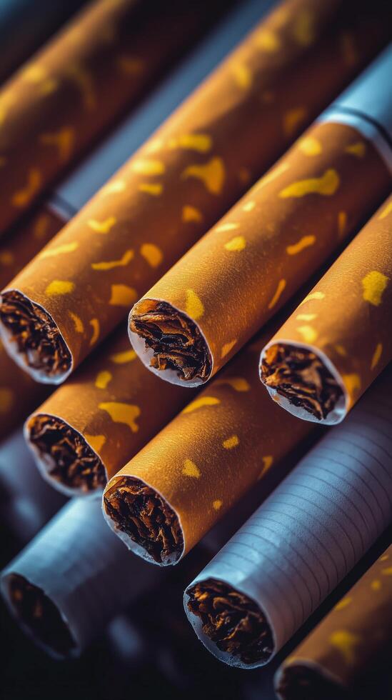 Rolled tobacco sticks in close-up view showcasing textured wrappers and fine tobacco inside. photo