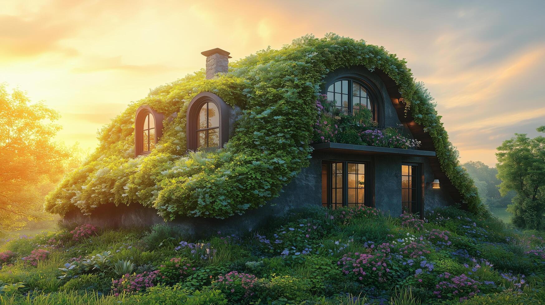 Enchanted cottage covered in greenery under a beautiful sunset sky in a serene landscape. photo