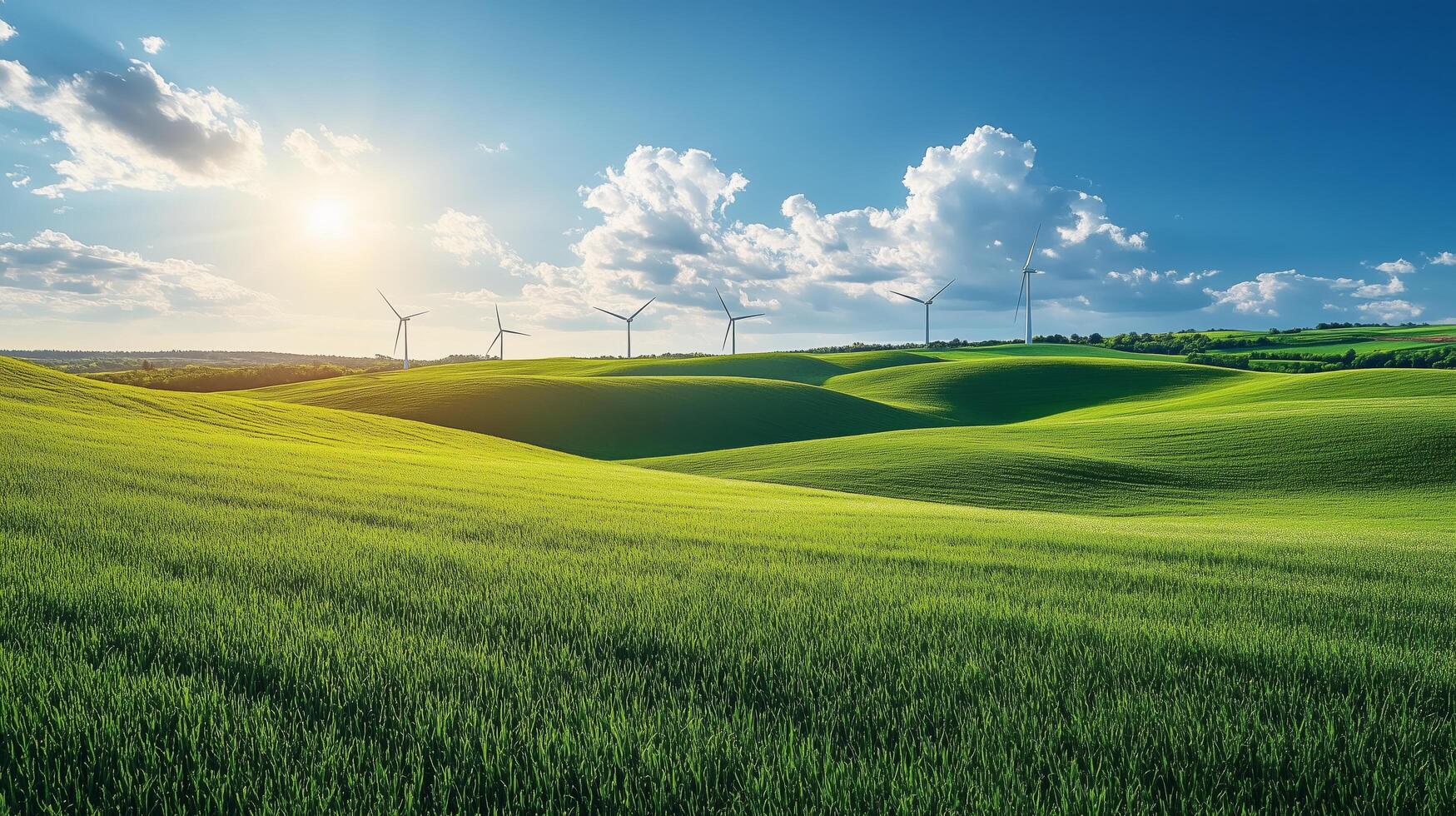 Wind turbines dotting a vibrant green landscape under a bright blue sky. photo