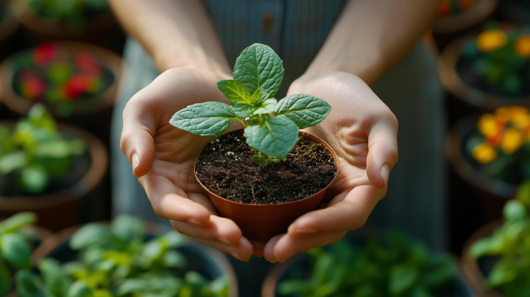 Holding a young plant with care in a vibrant garden setting during the daylight hours. photo
