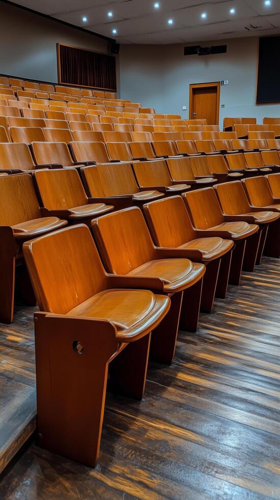Wooden seating arrangement in an empty auditorium during early evening hours. photo