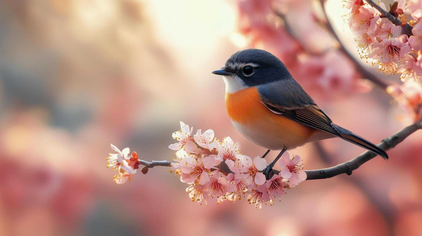 Colorful bird perched on a branch with blooming flowers during a serene spring morning. photo