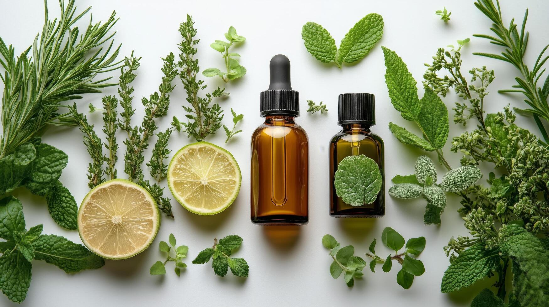 Essential oils and fresh herbs arranged creatively on a white background with lime slices. photo