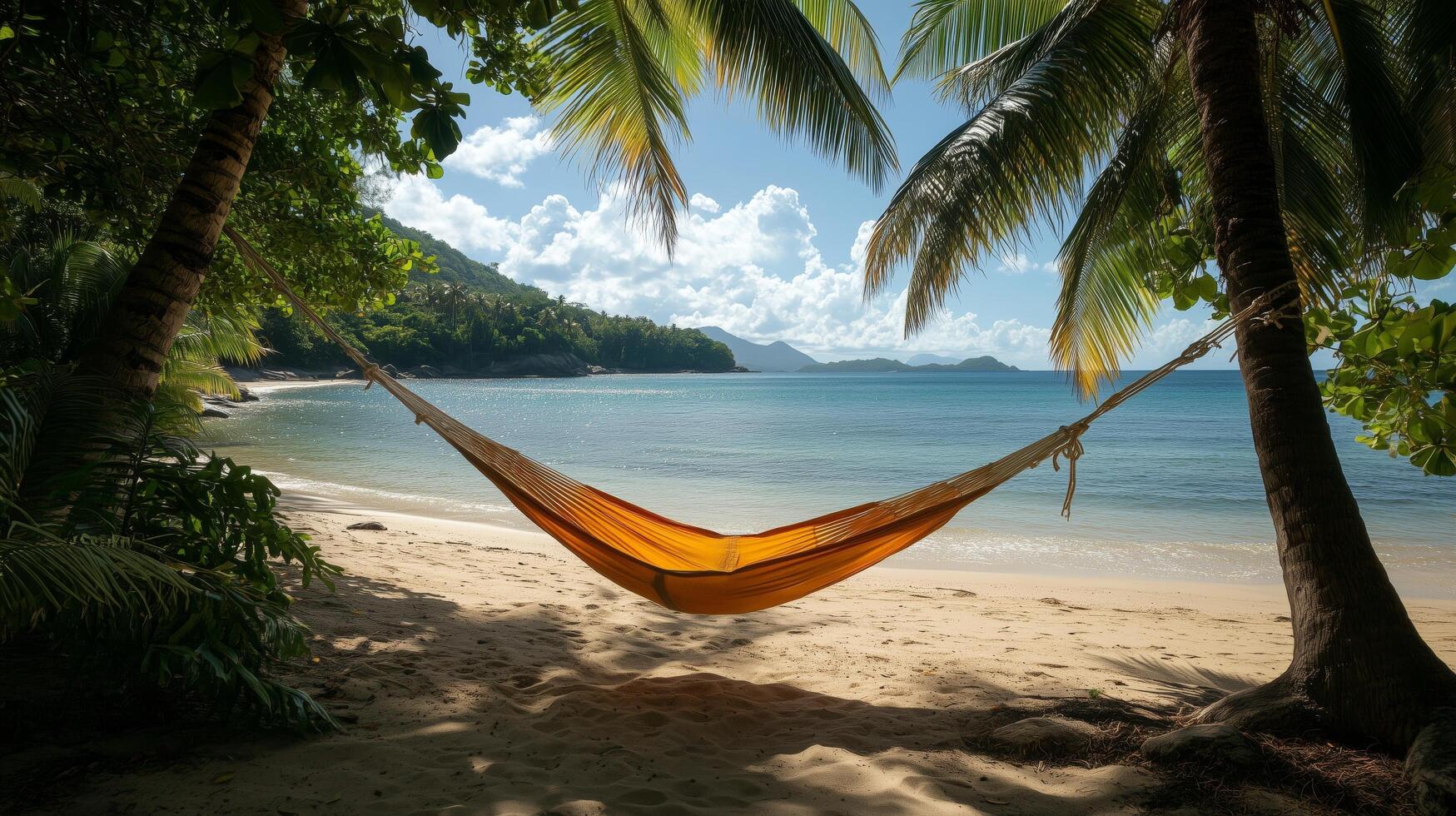 Relaxing hammock on a tropical beach with palm trees under a sunny sky. photo