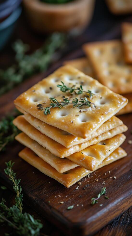 Savory crackers topped with fresh thyme on a wooden serving tray in a cozy kitchen setting. photo