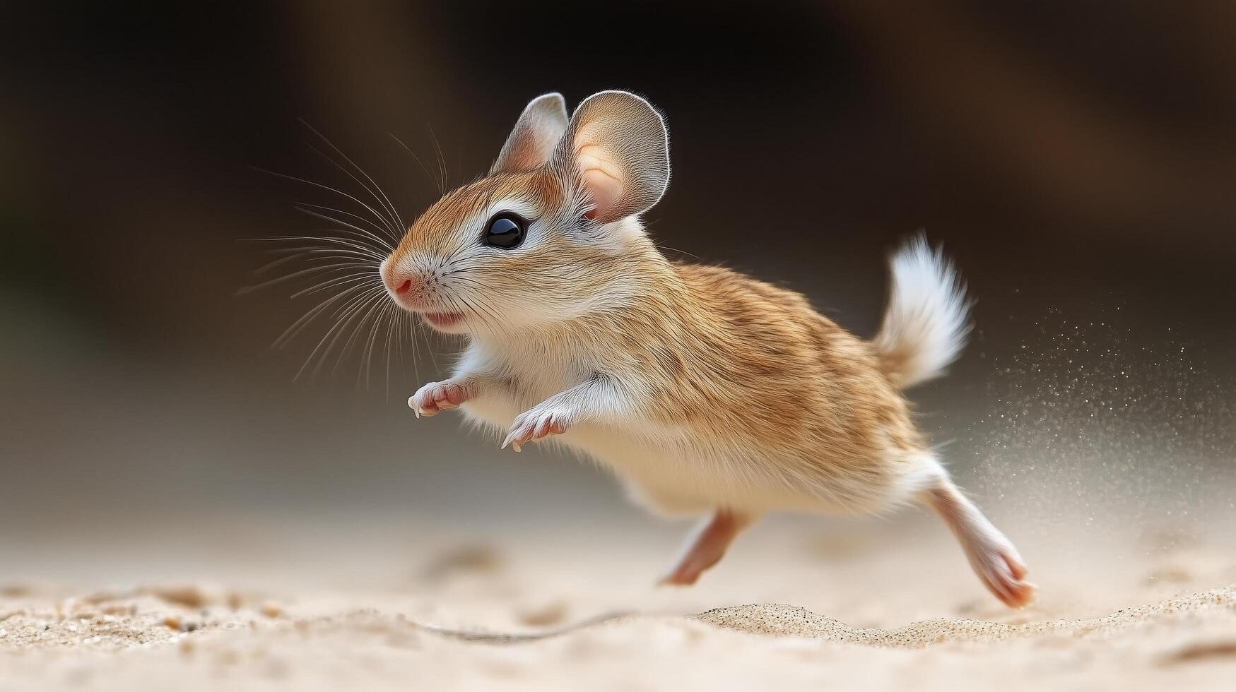Small desert mouse leaps across sandy terrain in search of food during a sunny afternoon. photo