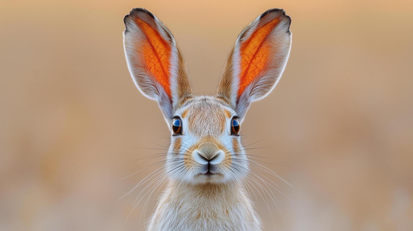 Hare with striking ear colors in natural habitat during golden hour. photo