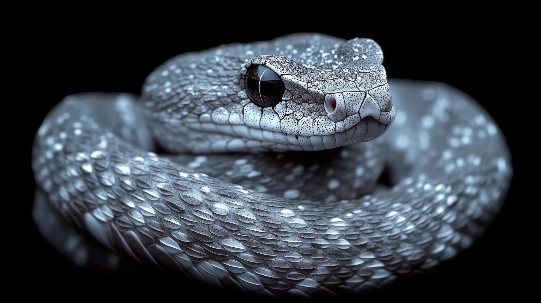 Close up of a blue snake with intricate scales and a striking gaze on a dark background. photo