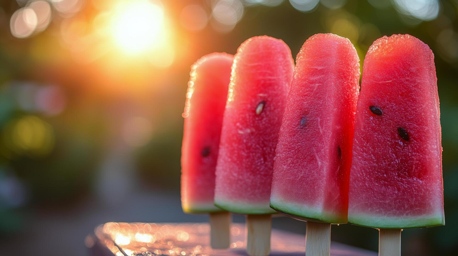 Delicious watermelon slices on sticks during a warm summer sunset. photo
