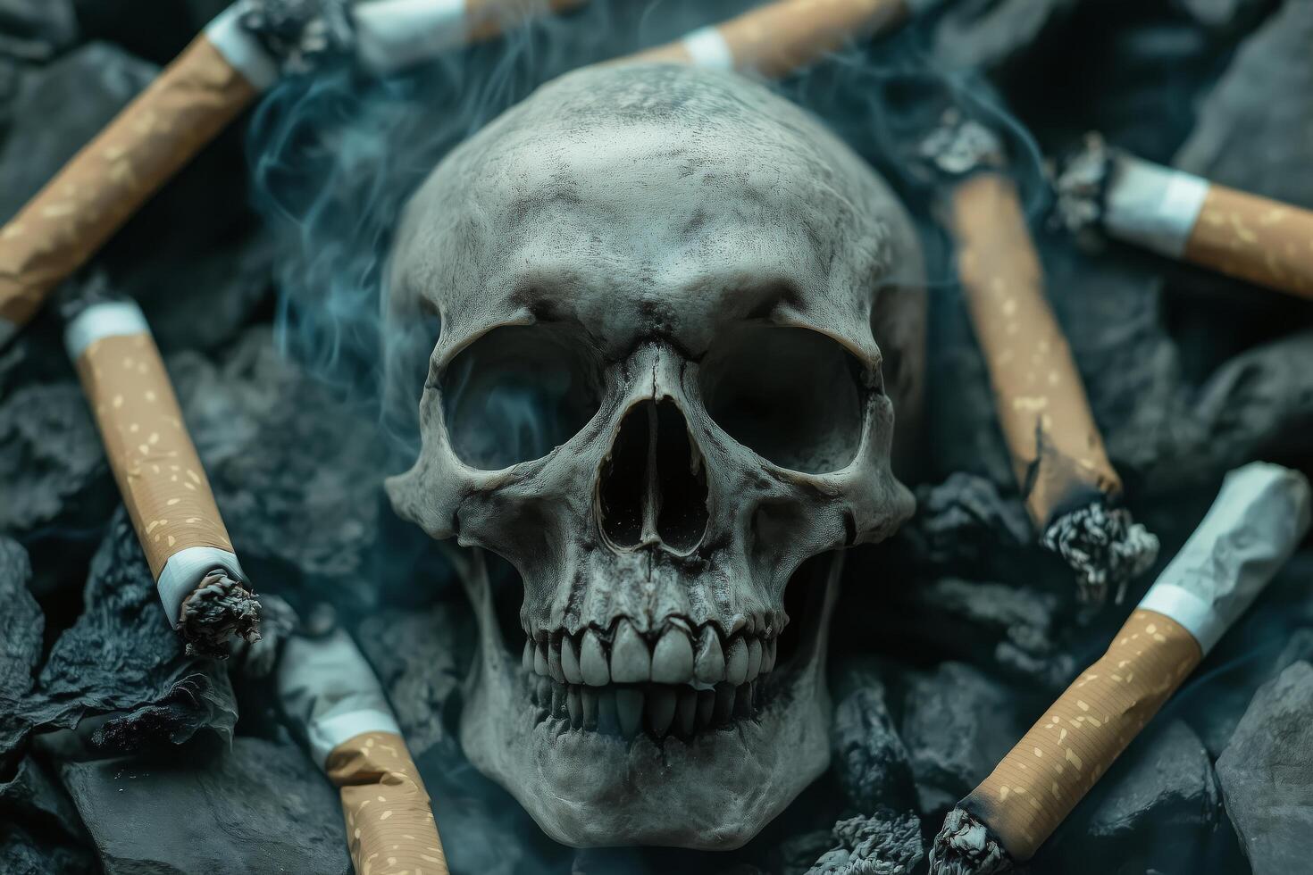 Skull surrounded by cigarettes on dark surface in a somber arrangement. photo