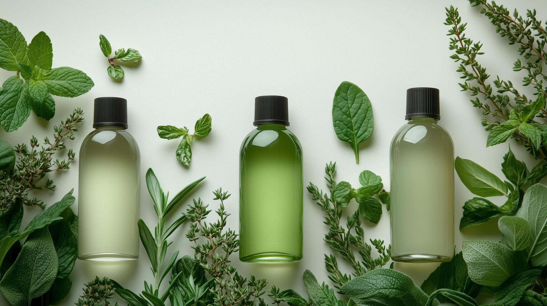 Natural herbal oils displayed with fresh leaves on a light background for wellness and beauty. photo