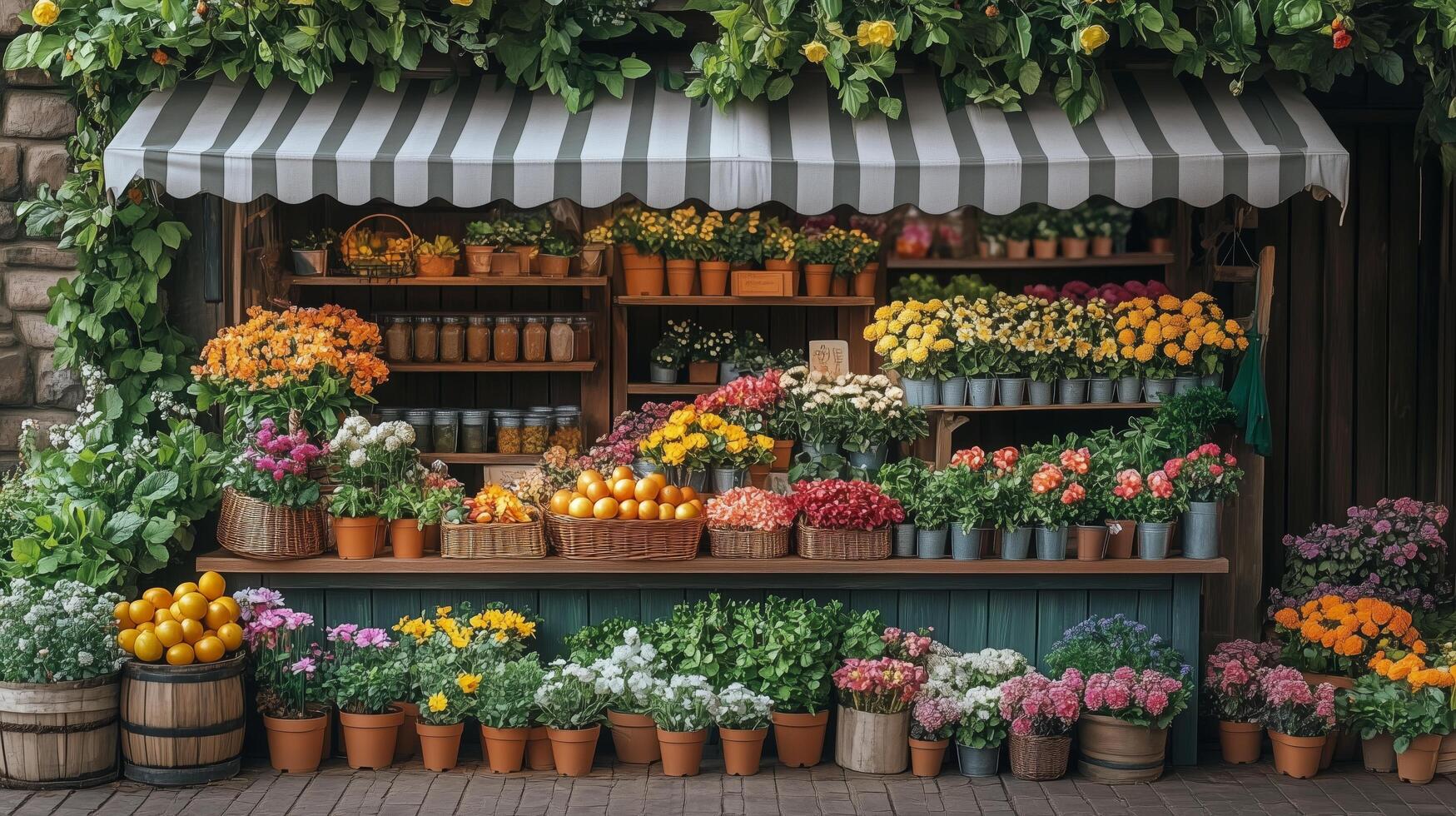 Flower market display with vibrant blooms and fruits in a rustic setting during daytime. photo