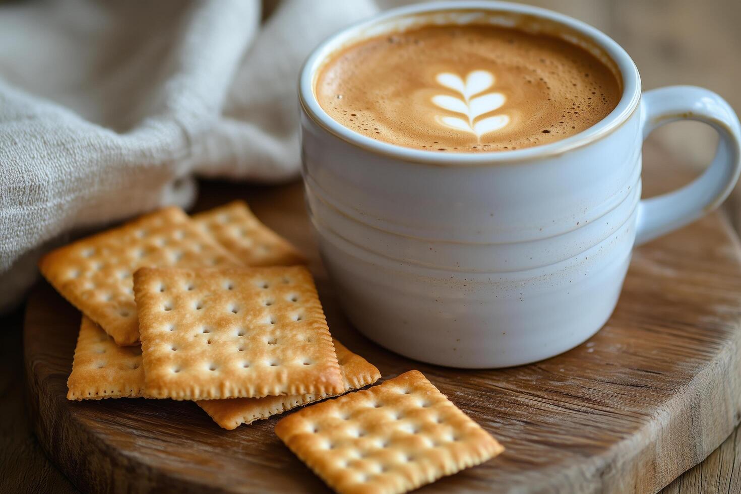 Perfect afternoon snack with coffee and crackers on wooden board. photo
