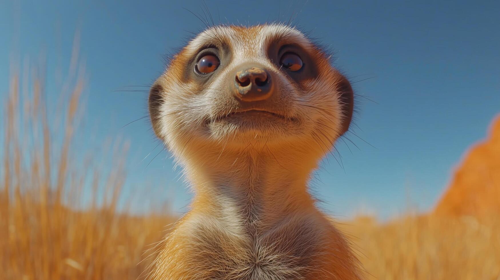 Cute meerkat standing in golden grass under clear blue sky during bright day. photo