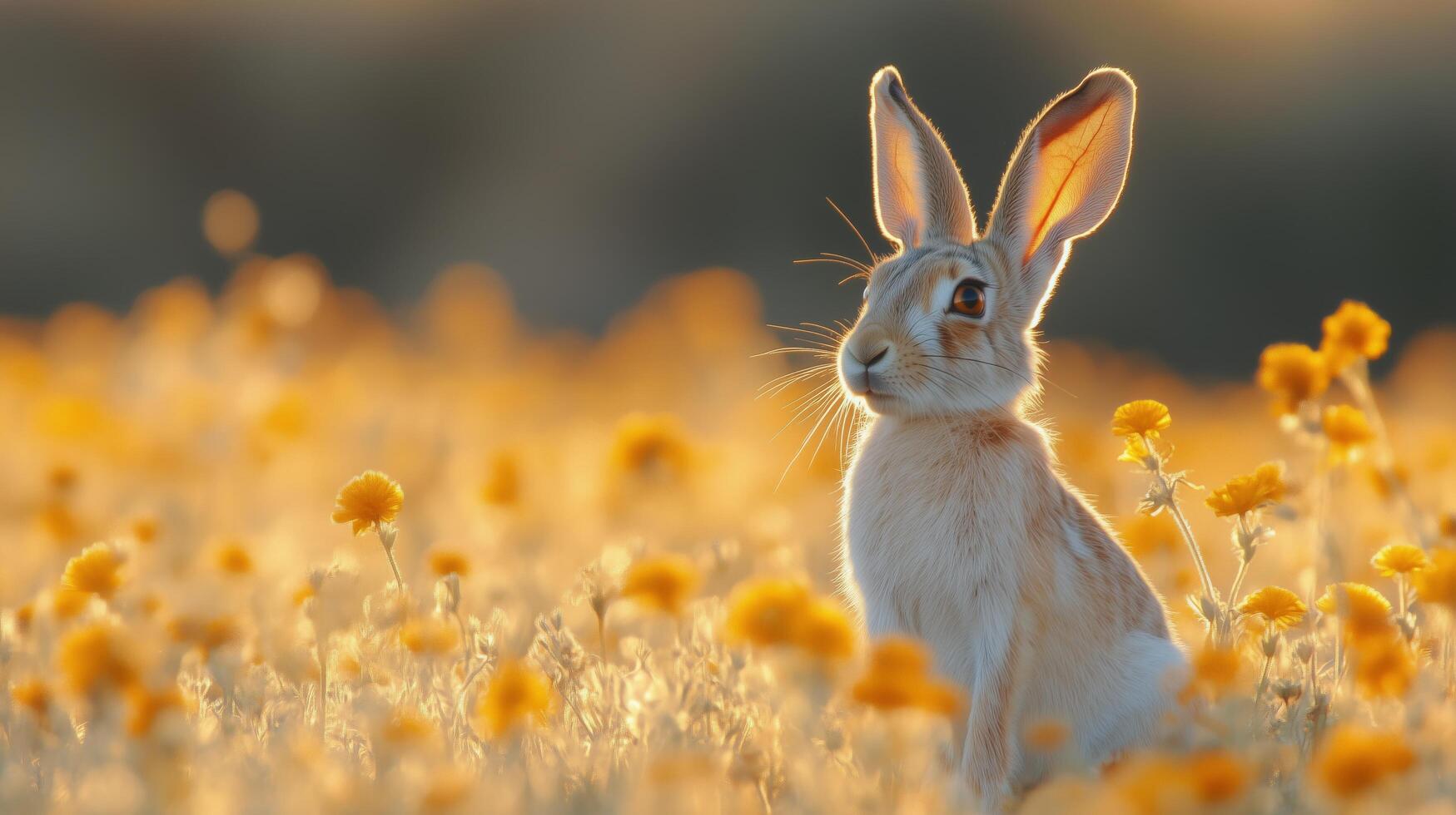 Rabbit enjoying a sunny day among blooming flowers in a vibrant meadow. photo
