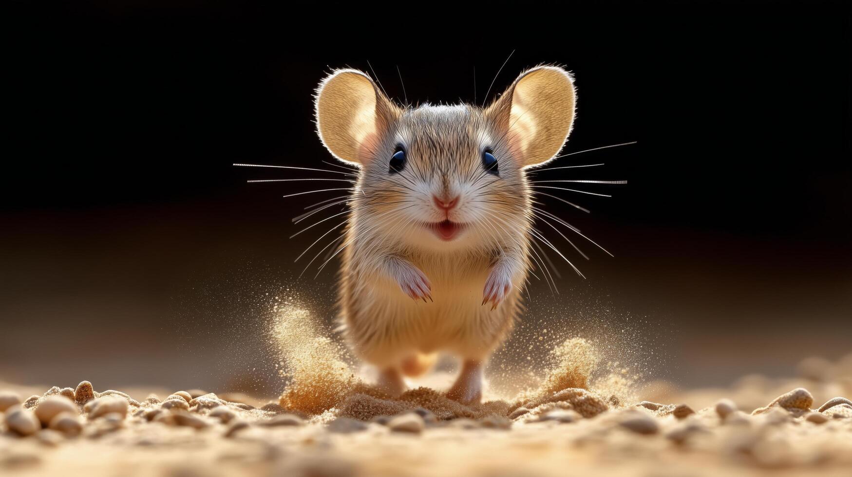 Small desert mouse runs joyfully across sandy ground in low light setting. photo