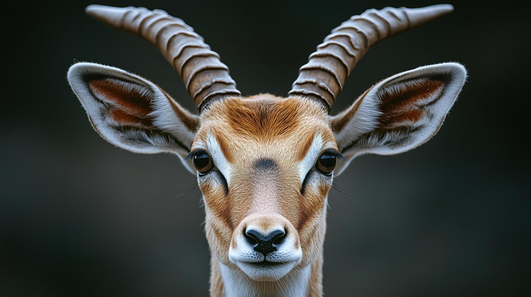 Close encounter with an antelope showcasing impressive horns in natural setting. photo