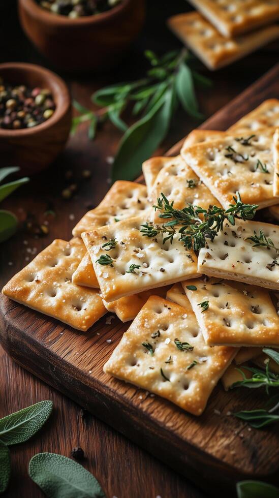 Savory crackers topped with herbs on a wooden board in a rustic setting. photo