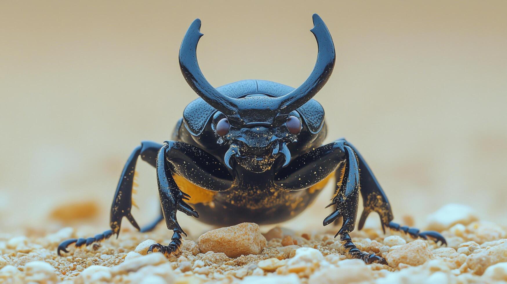 Close-up view of a black rhinoceros beetle in natural habitat on sandy ground at midday. photo