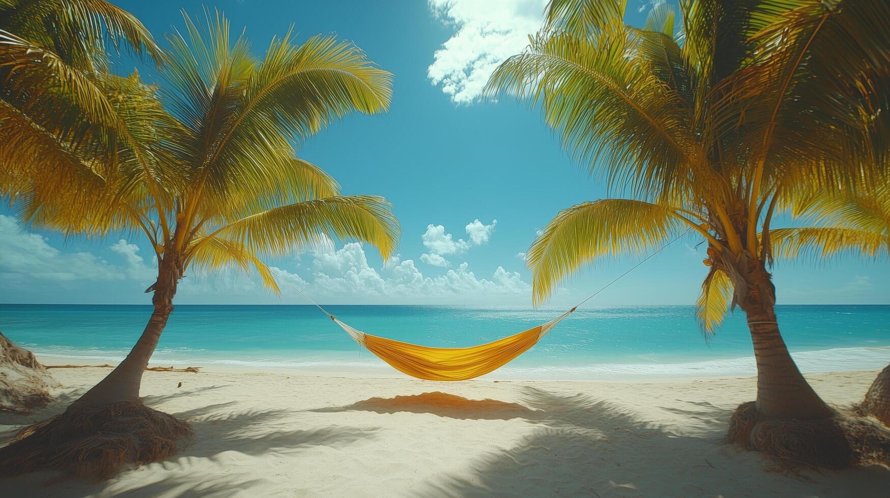 Relaxing hammock strung between palm trees on a tranquil beach at midday. photo