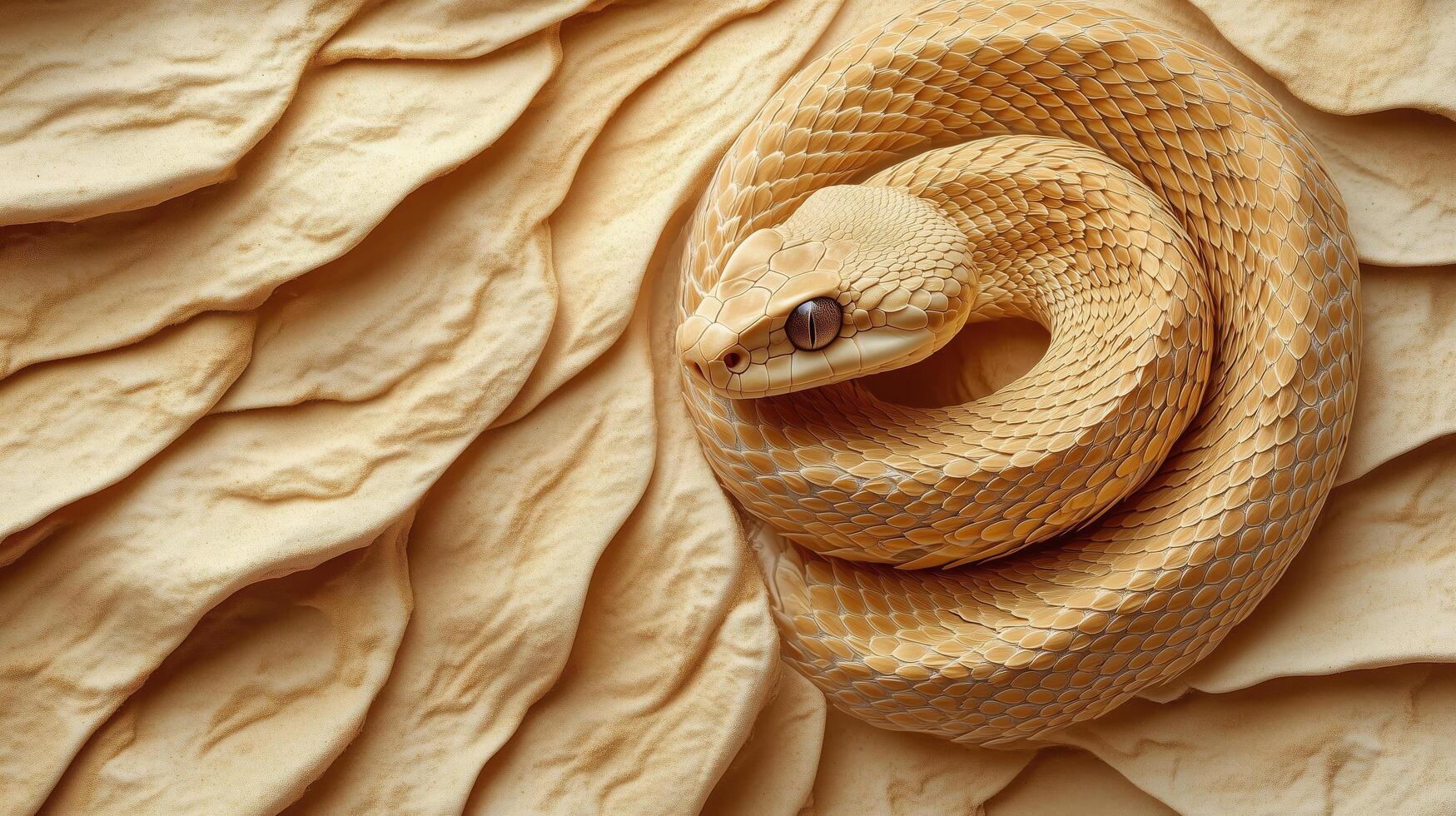 Coiled desert snake resting on textured sandy surface at midday. photo