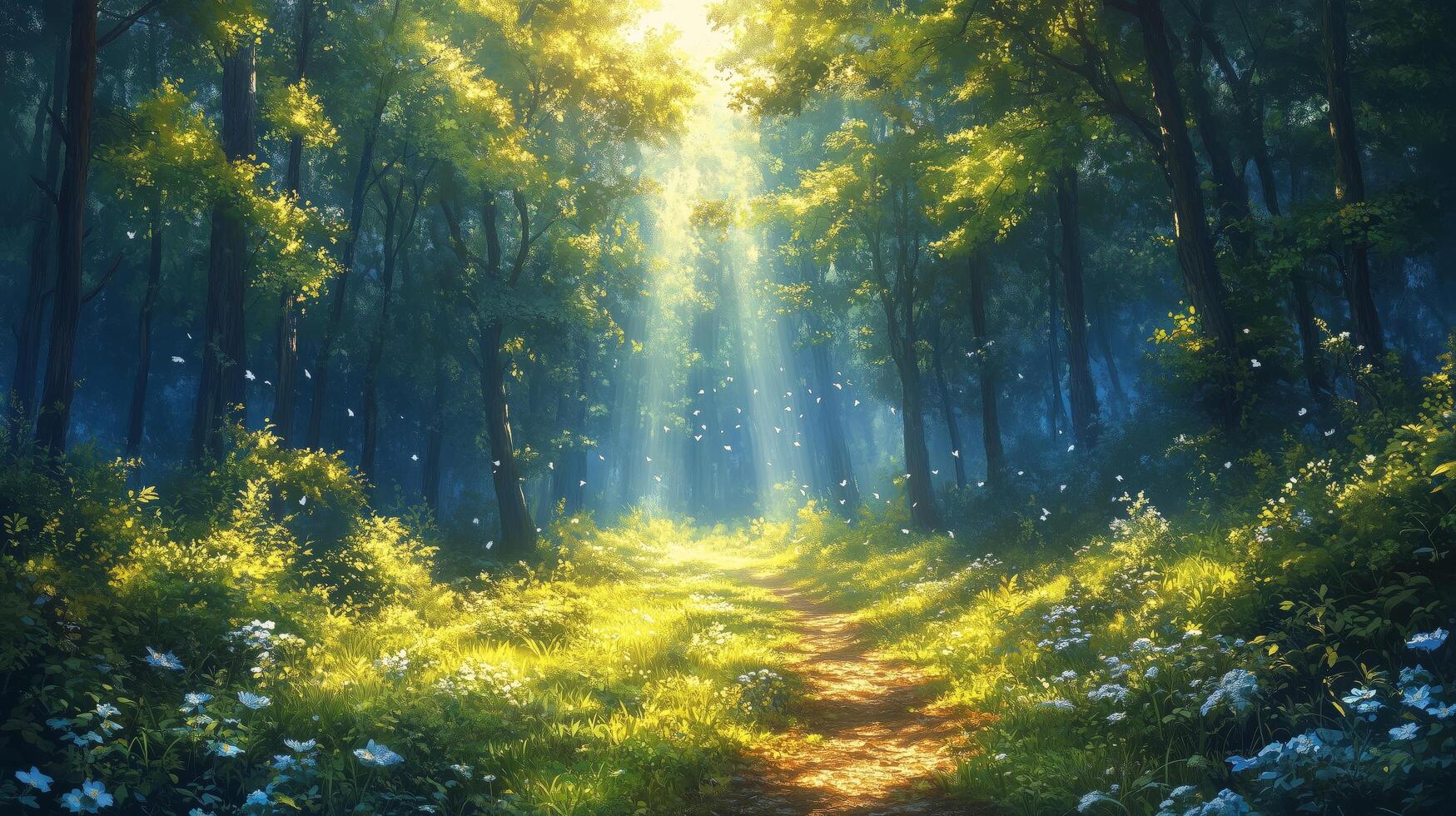 Light filters through trees in a tranquil forest path during early morning hours. photo