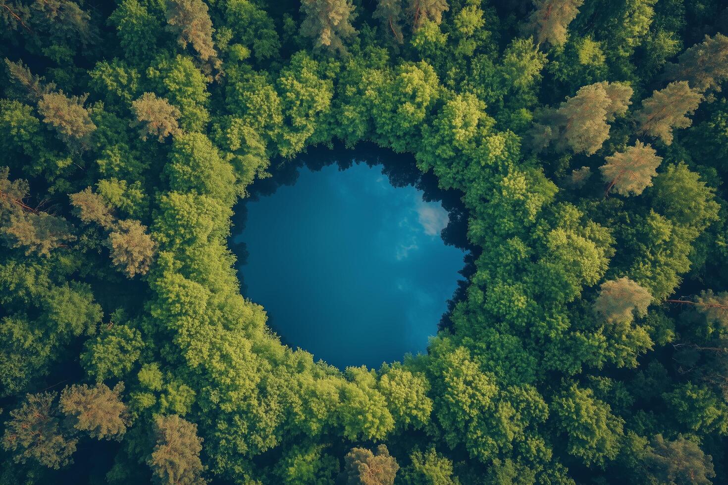Circular lake surrounded by dense green forest captured from above during sunny daylight. photo