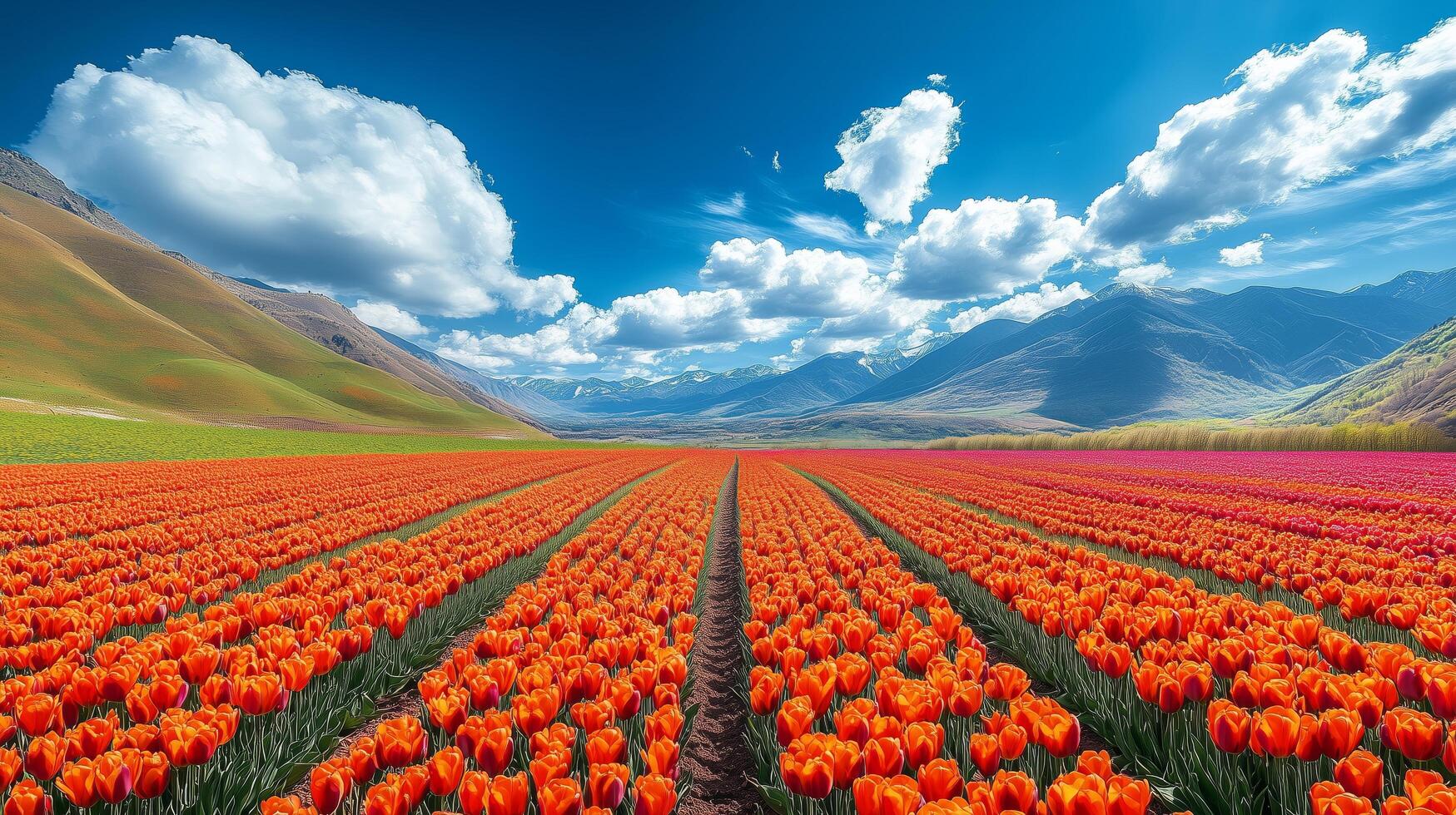 Vibrant tulip field stretches under bright blue sky in a mountainous landscape. photo