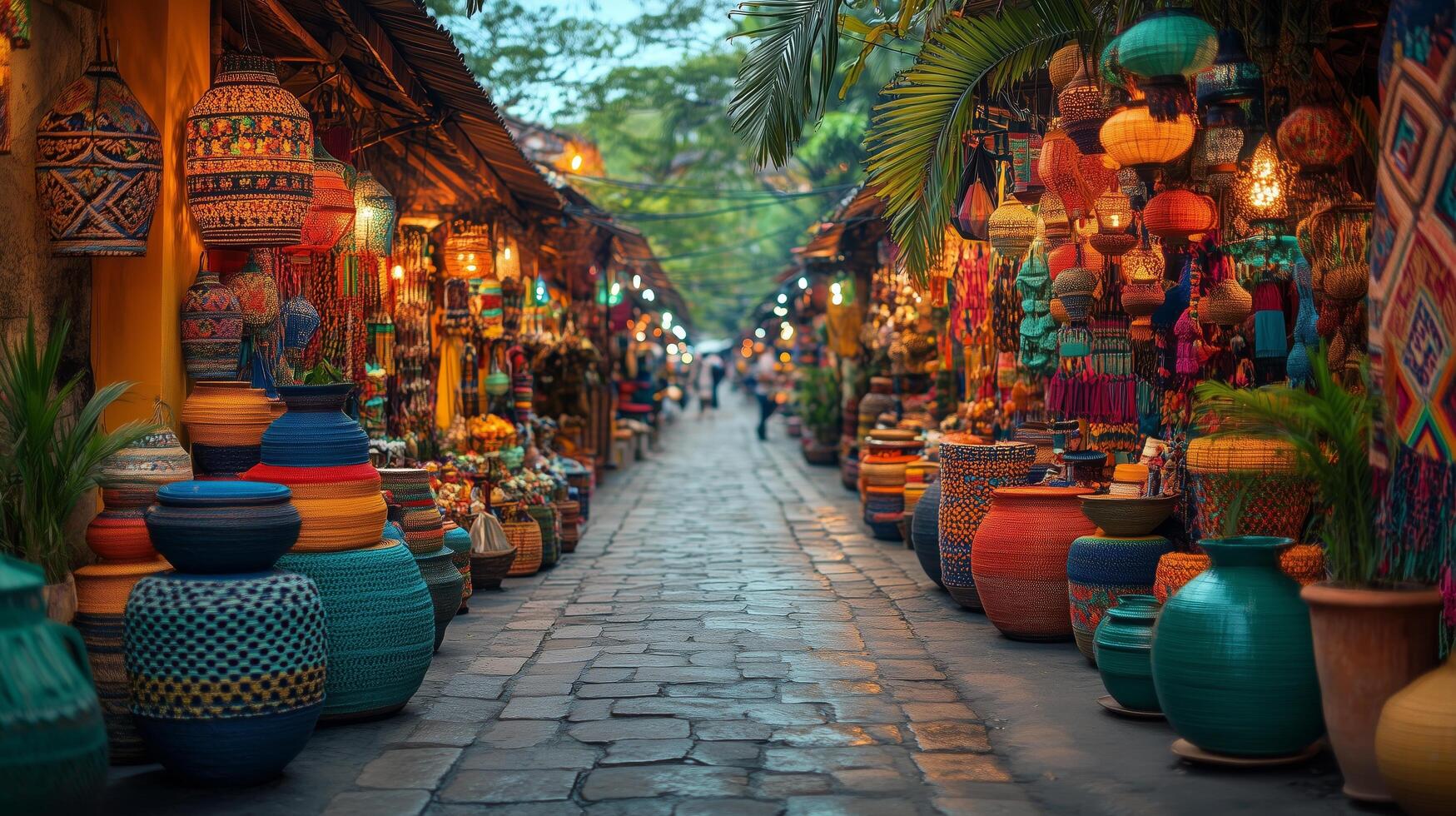 Vibrant artisan market filled with colorful pottery and lanterns in an outdoor setting. photo