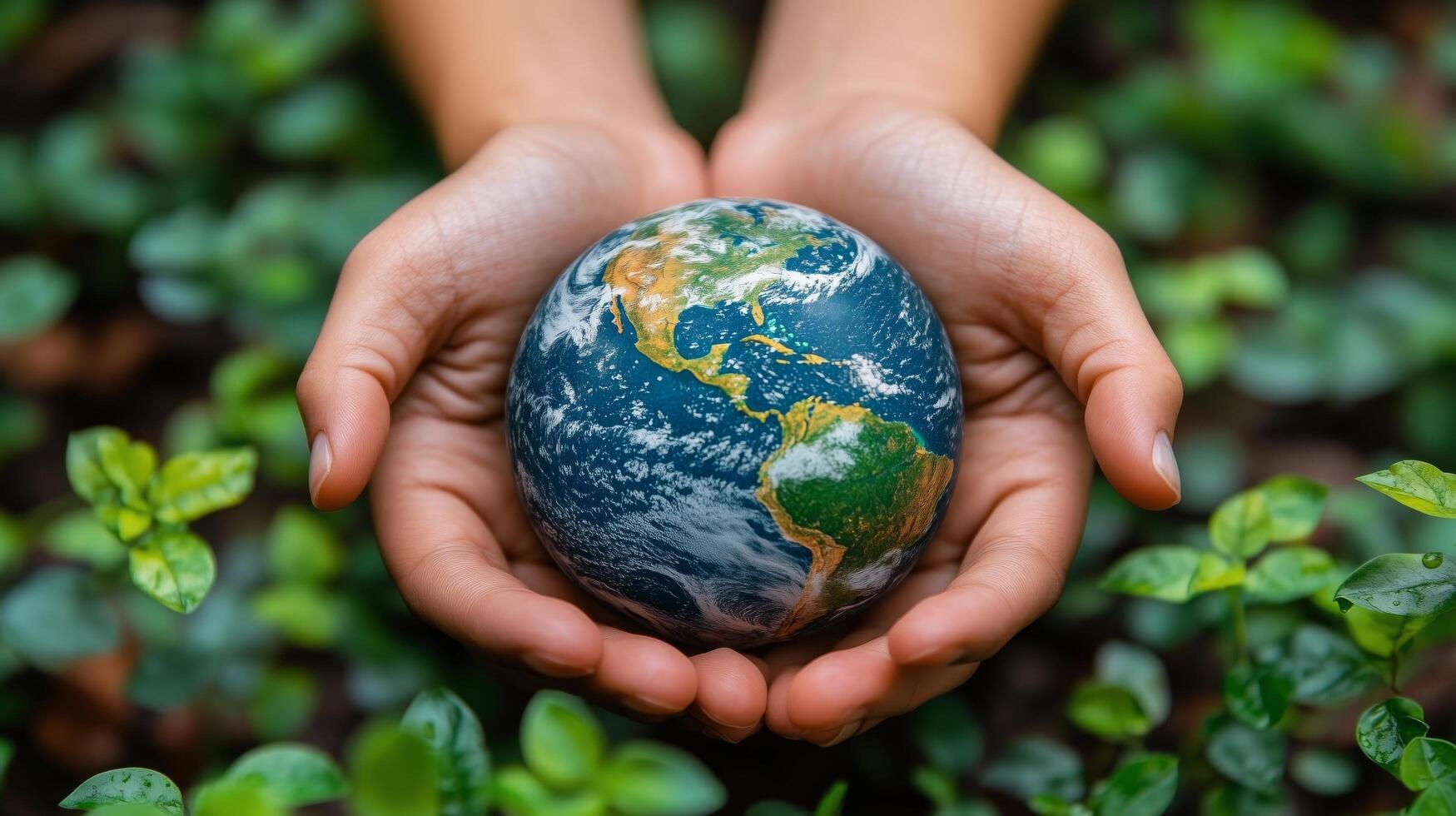Protecting the planet while holding a globe surrounded by lush green plants. photo