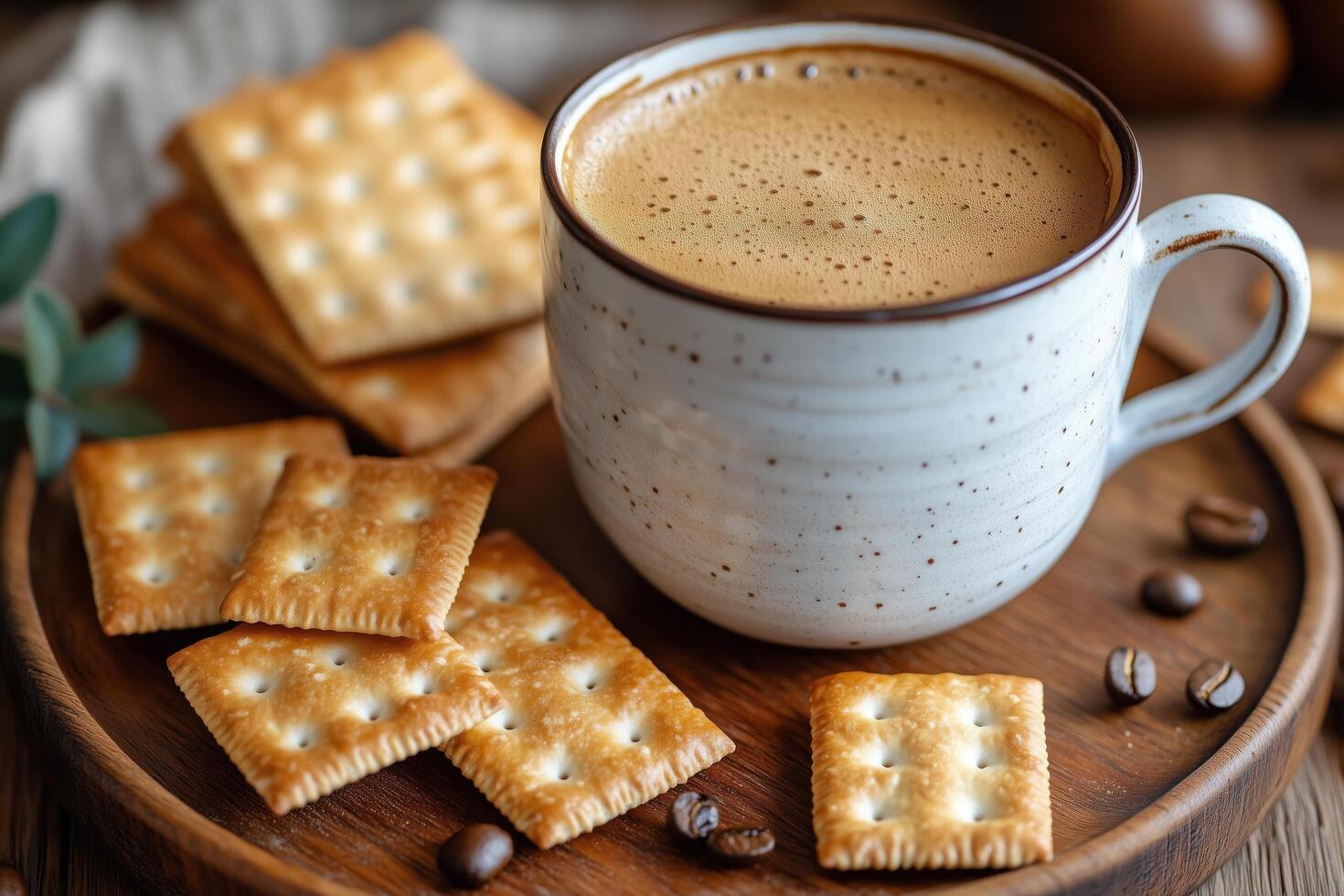 Enjoying coffee with crackers on a rustic wooden table in a cozy setting. photo
