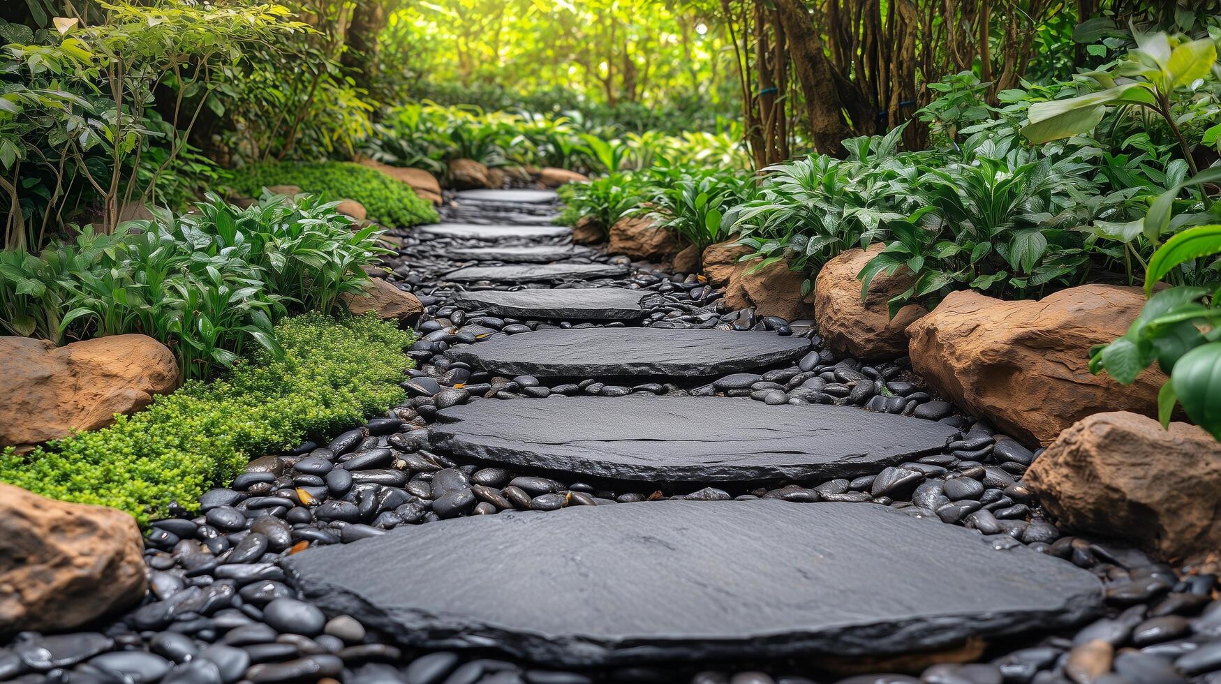 Serene garden path with stones and lush greenery during daytime. photo