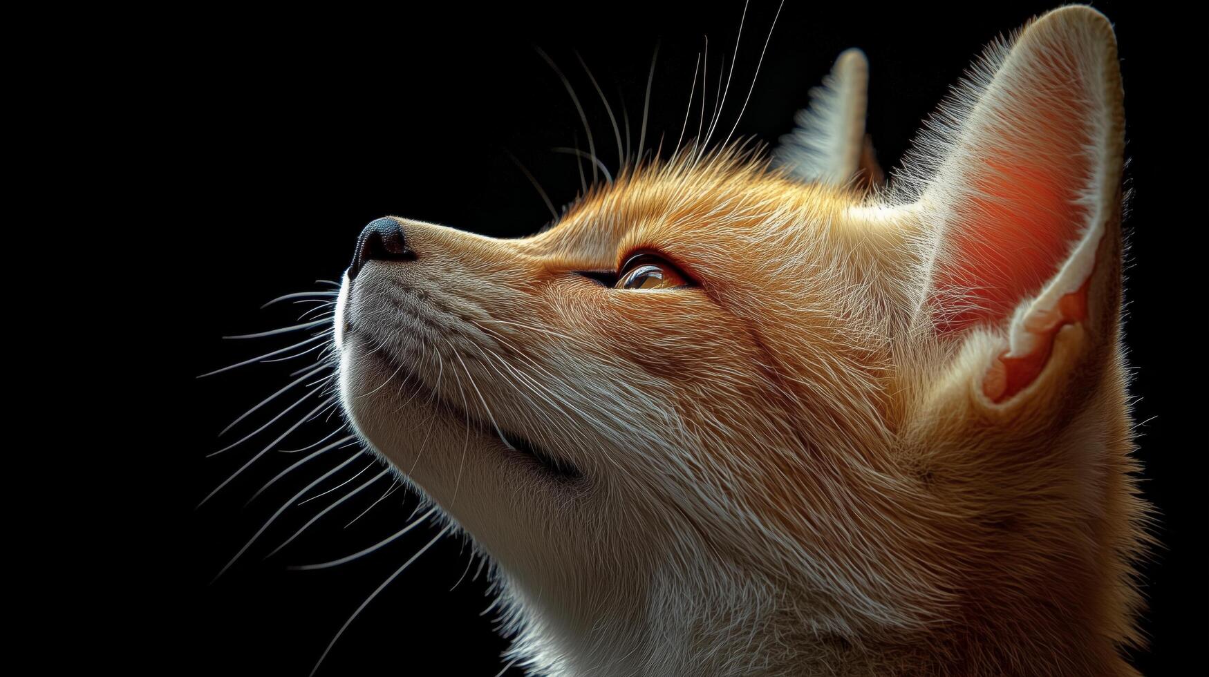 Curious fennec fox gazing upward against a dark background at dusk. photo