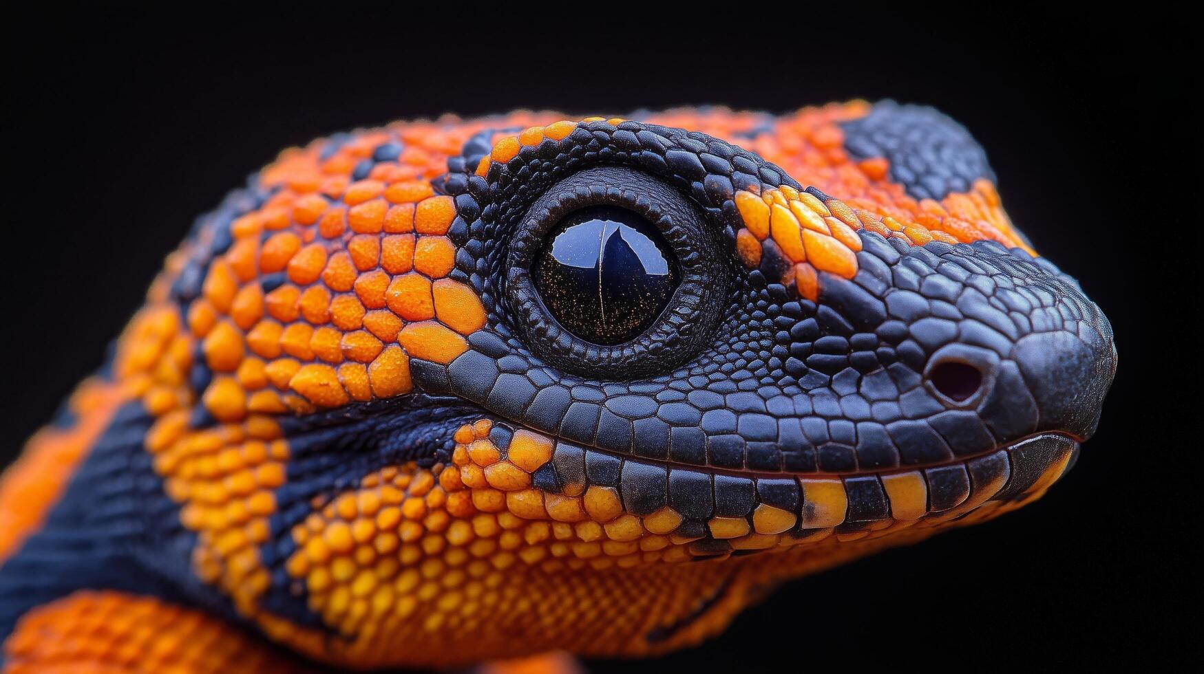 Vibrant orange and black lizard close-up showcasing intricate scales and large eye. photo